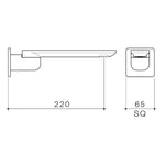 Caroma Urbane II square bath swivel outlet technical drawing in chrome, showing 220mm projection and 65mm square profile