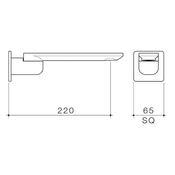 Caroma Urbane II square bath swivel outlet technical drawing in chrome, showing 220mm projection and 65mm square profile