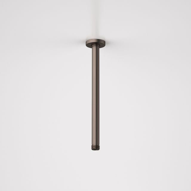 Caroma ceiling shower arm in brushed bronze, 300mm drop, straight round overhead pipe on white background