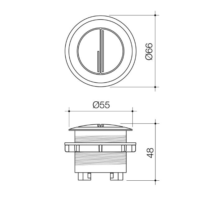 Caroma Urbane II cistern flush button, round brushed bronze, technical drawing with dimensions