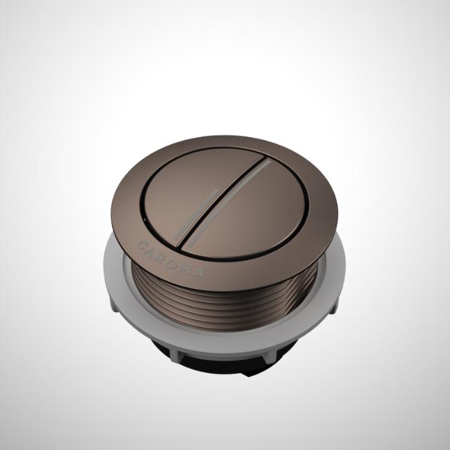 Caroma Urbane II cistern flush button in brushed bronze, round dual-flush button on white background