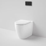 Caroma Urbane II white wall-faced toilet pan with concealed cistern and black flush plate, front view