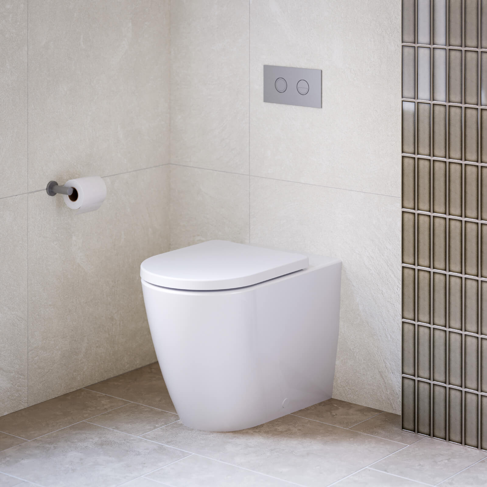 Caroma Urbane II white wall-faced toilet suite with concealed cistern and soft-close seat in tiled bathroom