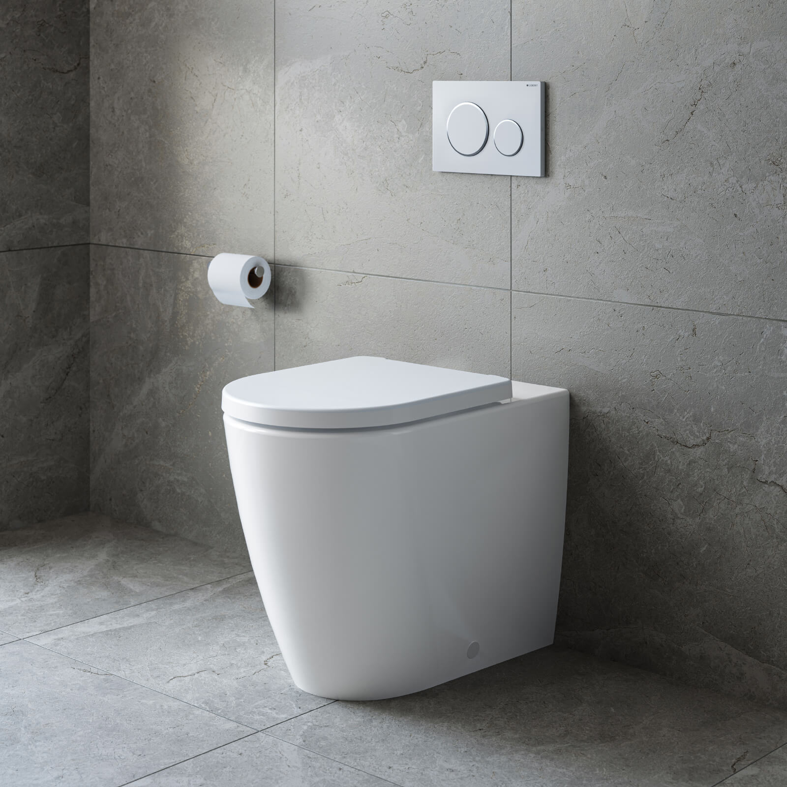 Caroma Urbane II white wall-faced toilet pan with concealed cistern and dual flush button on grey tiled wall