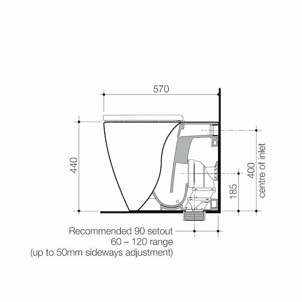 Caroma Urbane II wall faced toilet pan technical drawing with dimensions and Geberit Sigma cistern option in white