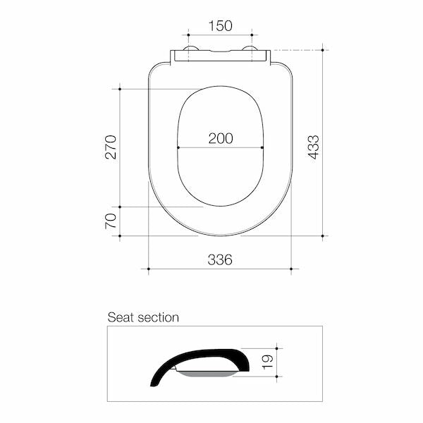 Technical drawing showing Caroma Urbane II wall faced toilet pan dimensions, with seat section and measurements in millimetres