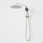 Caroma Urbane II compact twin shower in brushed nickel, with round overhead drencher and handset on rail