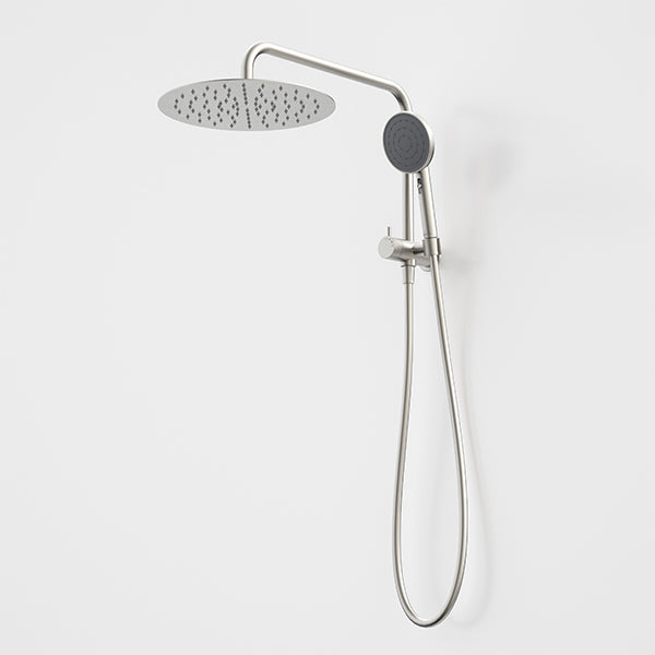 Caroma Urbane II compact twin shower in brushed nickel, with round overhead drencher and handset on rail