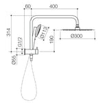 Caroma Urbane II Compact Twin Shower chrome technical drawing showing wall-mounted rail, round 300mm head and handset dimensions