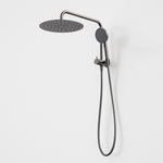 Caroma Urbane II compact twin shower in gunmetal, with round overhead drencher and handheld rail shower