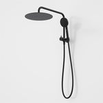 Caroma Urbane II compact twin shower in matte black, with round overhead rain shower and handheld hose set on wall bracket