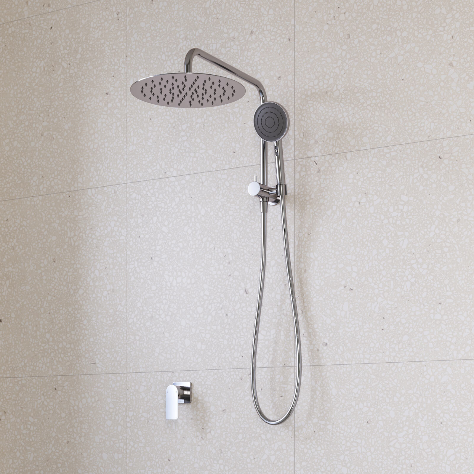 Caroma Urbane II compact twin shower in chrome, wall-mounted with round overhead shower and hand shower on rail