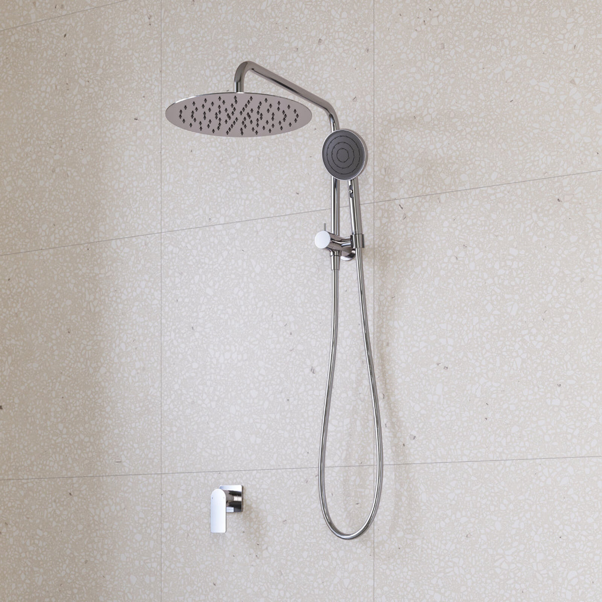 Caroma Urbane II compact twin shower in chrome, wall-mounted with round overhead shower and hand shower on rail
