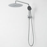 Caroma Urbane II compact twin shower in chrome, wall-mounted with round overhead drencher and handheld shower on rail.