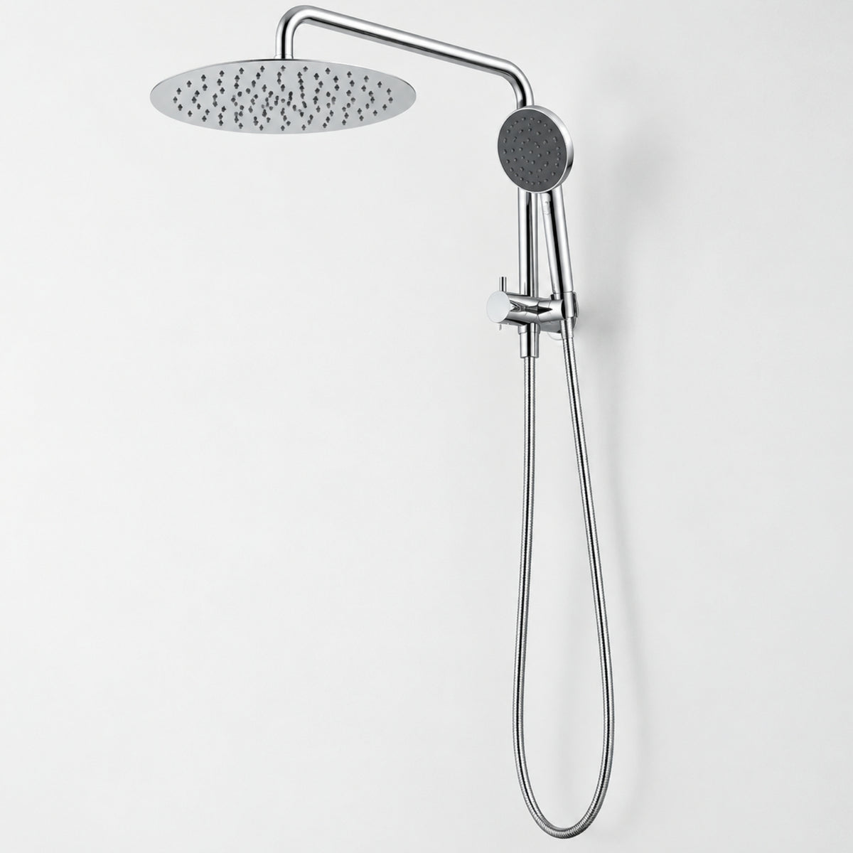 Caroma Urbane II compact twin shower in chrome, wall-mounted with round overhead drencher and handheld shower on rail.