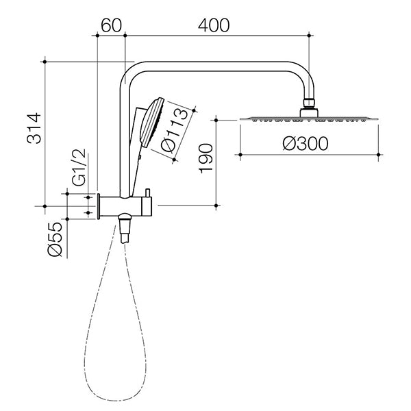 Caroma Urbane II Compact Twin Shower technical drawing in matte black, showing overhead rose, handset and dimensions