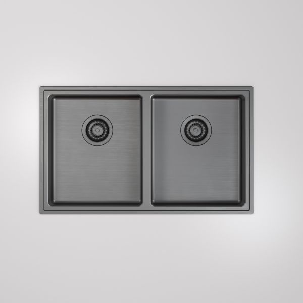 Caroma Urbane II double bowl kitchen sink in gunmetal, top view, with two square stainless steel bowls and wastes