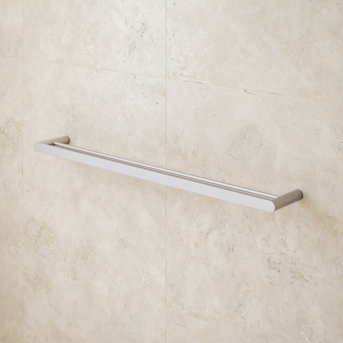 Caroma Urbane II double towel rail in brushed nickel, wall-mounted on tiled bathroom wall