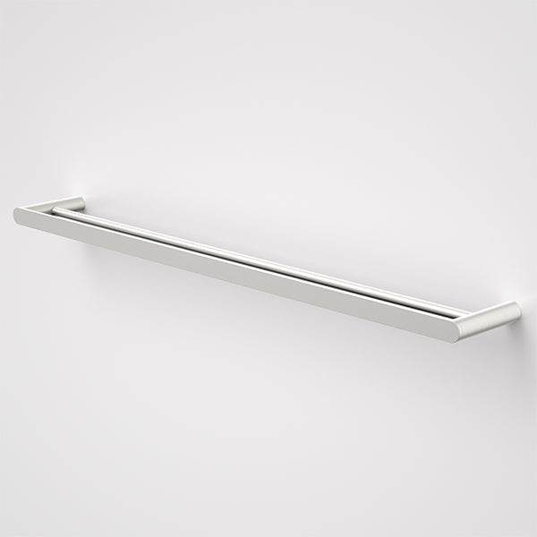 Caroma Urbane II double towel rail in brushed nickel, slim wall-mounted bathroom accessory on white background