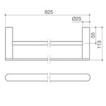 Caroma Urbane II double towel rail technical drawing, 825mm wide, matte black, with dimensions shown