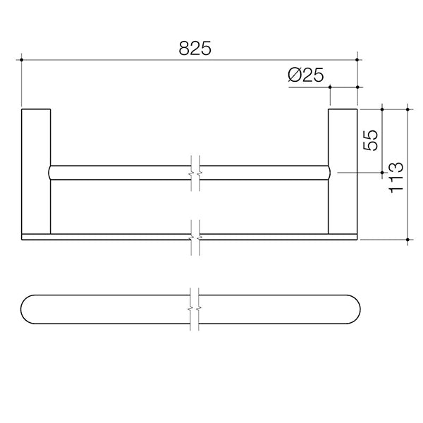 Caroma Urbane II double towel rail technical drawing, 825mm wide in gunmetal with dimensions and rounded ends