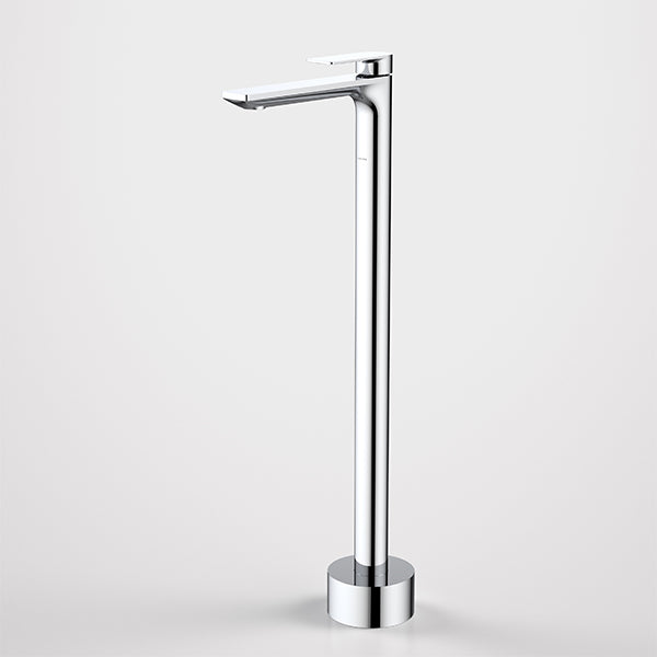 Caroma Urbane II floor-mounted freestanding bath filler in polished chrome, modern rectangular chrome tap on white background