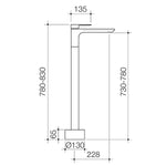 Caroma Urbane II freestanding bath filler technical drawing, brushed brass floor-mounted tap with dimensions shown