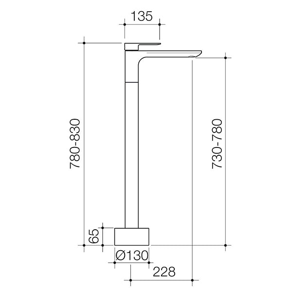 Caroma Urbane II freestanding bath filler technical drawing, brushed brass floor-mounted tap with dimensions shown