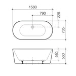 Caroma Urbane II freestanding bath technical drawing in white, oval shape, with 1580mm length dimensions and offset waste position