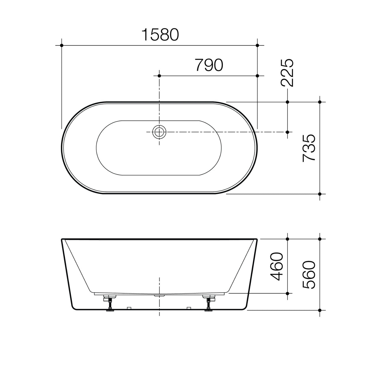 Caroma Urbane II freestanding bath technical drawing in white, oval shape, with 1580mm length dimensions and offset waste position