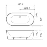 Caroma Urbane II freestanding bath dimension drawing, white oval 1775mm bath with top and side views and measurements