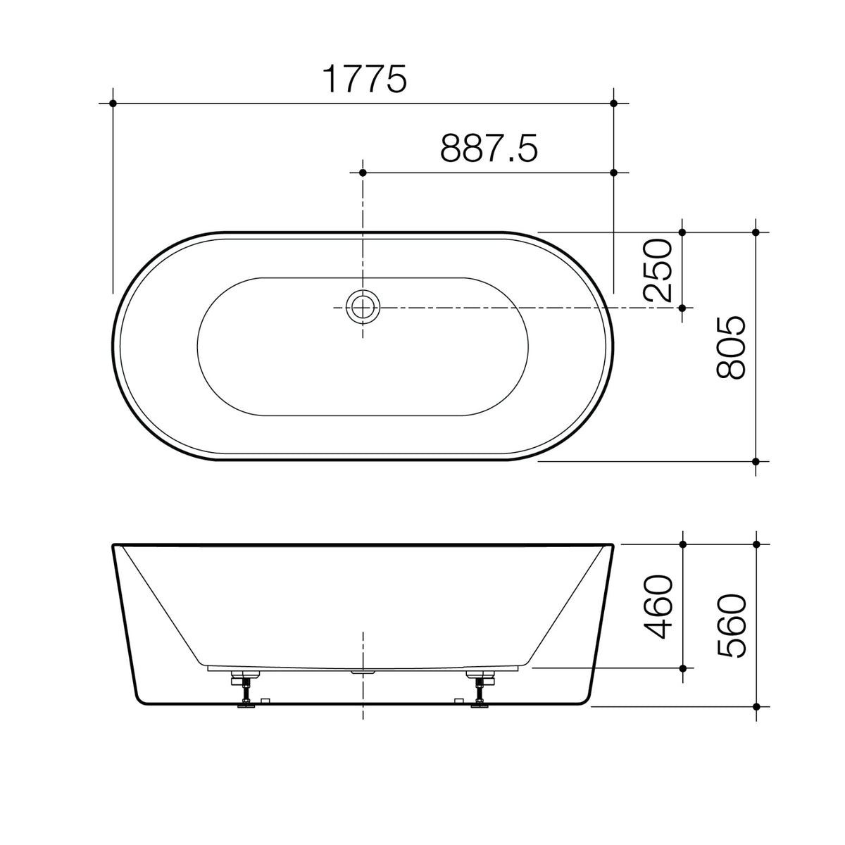 Caroma Urbane II freestanding bath dimension drawing, white oval 1775mm bath with top and side views and measurements