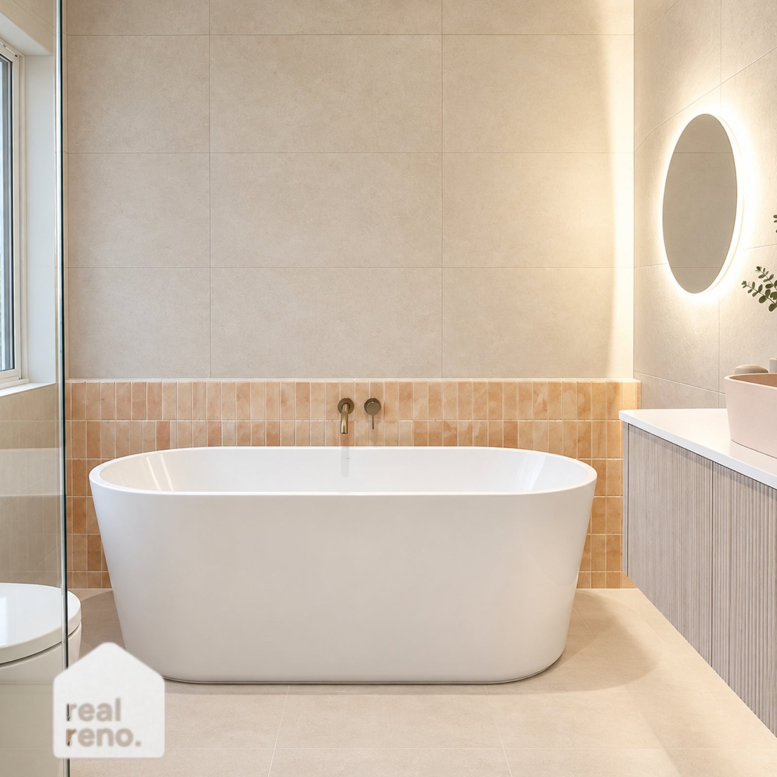 Caroma Urbane II white freestanding oval bath in a modern beige tiled bathroom with brass tapware