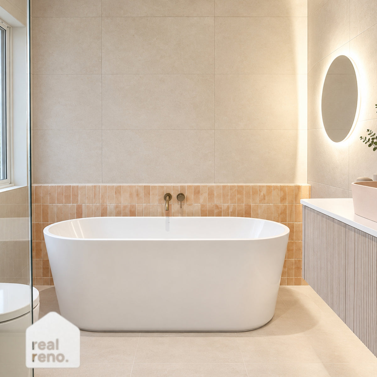 Caroma Urbane II white freestanding oval bath in a modern beige tiled bathroom with brass tapware