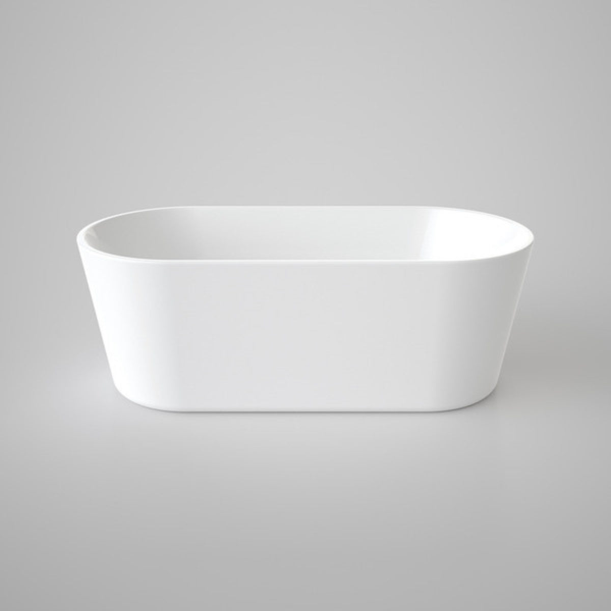 Caroma Urbane II white freestanding bath, oval acrylic tub on a grey background
