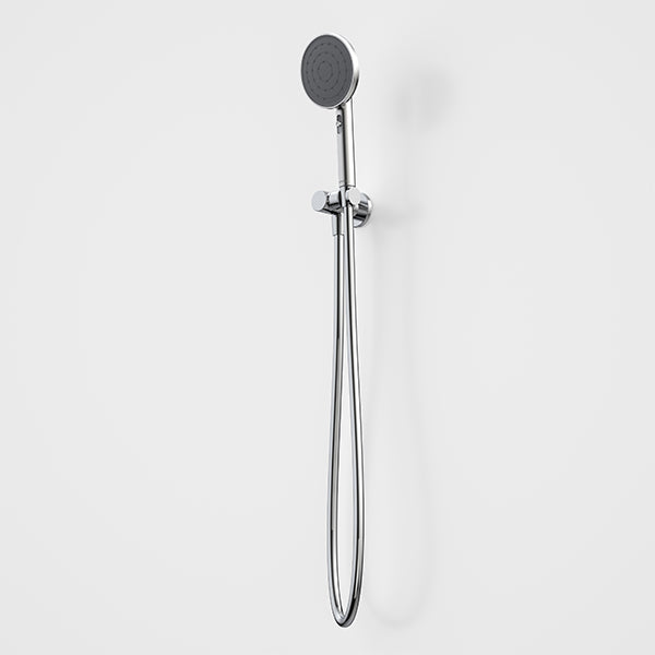 Caroma Urbane II chrome hand shower with round head, wall bracket and hose, shown on a white background