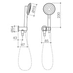 Caroma Urbane II hand shower chrome technical drawing, showing front and side views with dimensions and hose outline