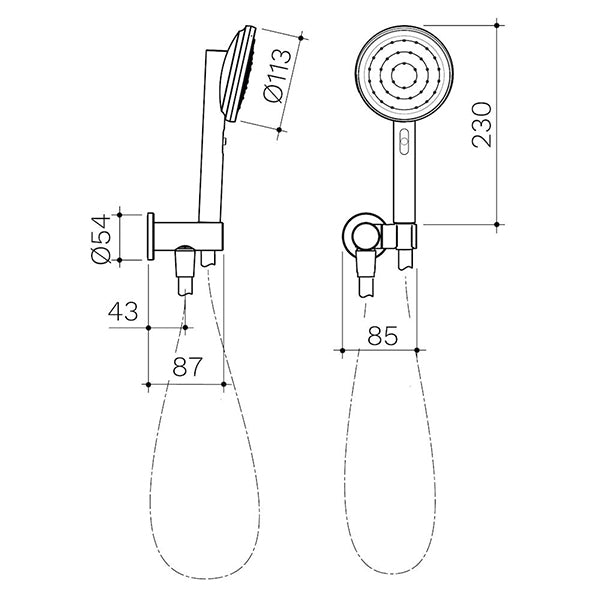 Caroma Urbane II hand shower chrome technical drawing, showing front and side views with dimensions and hose outline