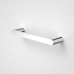 Caroma Urbane II chrome hand towel rail with slim rounded bar and wall fixings on white background