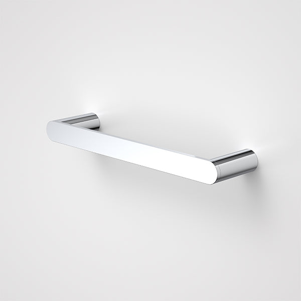 Caroma Urbane II chrome hand towel rail with slim rounded bar and wall fixings on white background