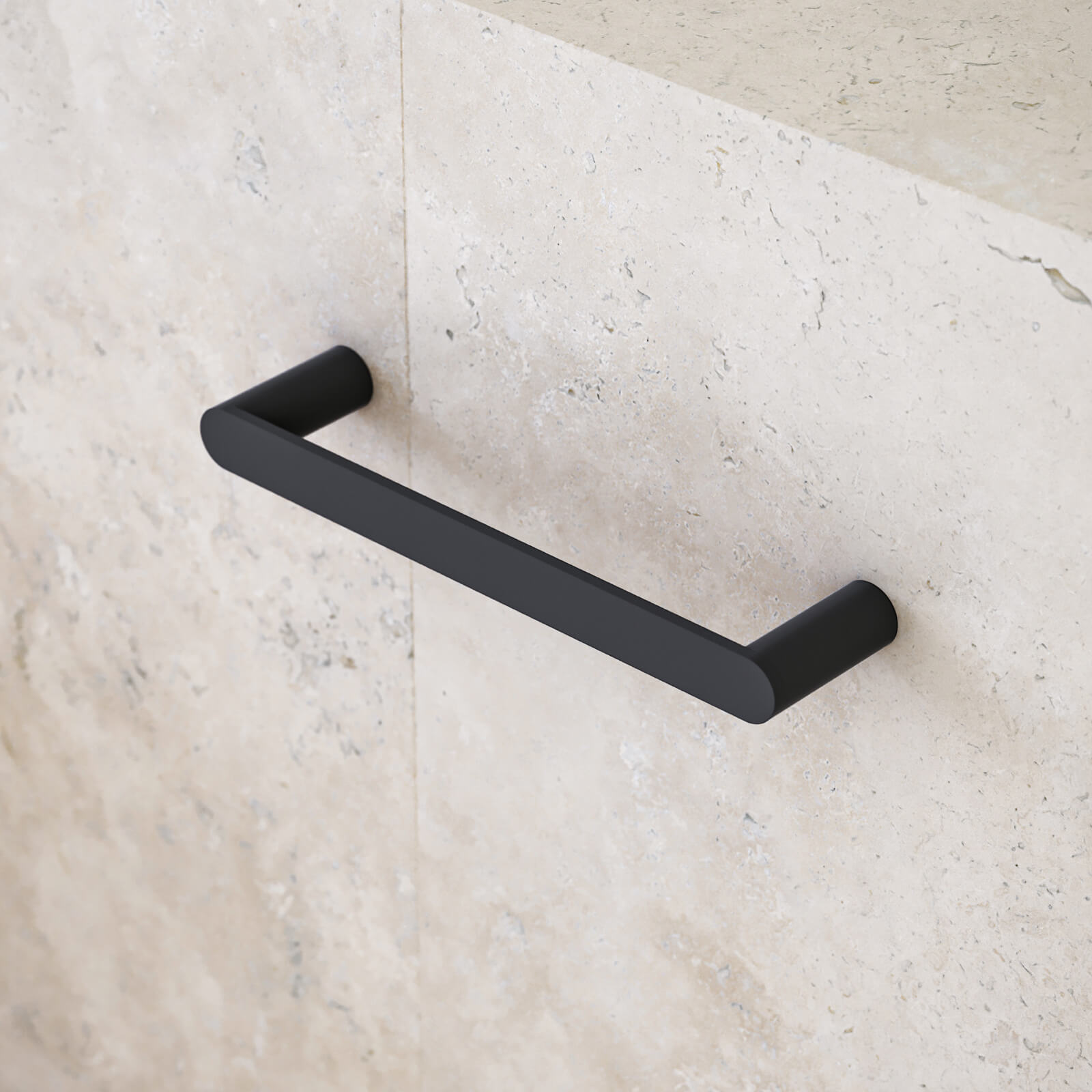 Caroma Urbane II matte black hand towel rail on beige stone bathroom wall
