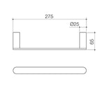 Caroma Urbane II chrome hand towel rail technical drawing, 275mm wide with rounded bar and wall fixings