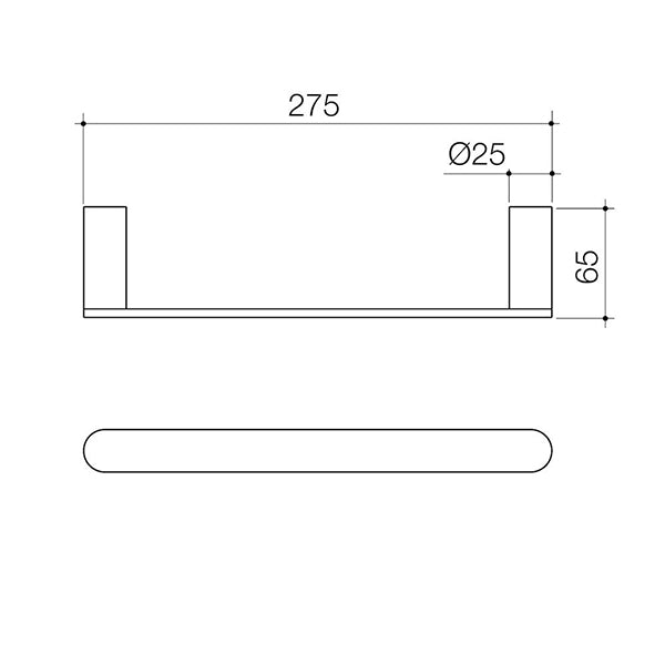 Caroma Urbane II chrome hand towel rail technical drawing, 275mm wide with rounded bar and wall fixings