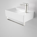 Caroma Urbane II gloss white wall hung hand basin with single taphole and silver mixer tap, rectangular view