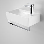 Caroma Urbane II wall hung hand basin in gloss white, rectangular design with chrome mixer tap and rail