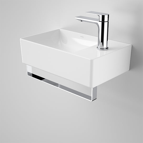 Caroma Urbane II wall hung hand basin in gloss white, rectangular design with chrome mixer tap and rail