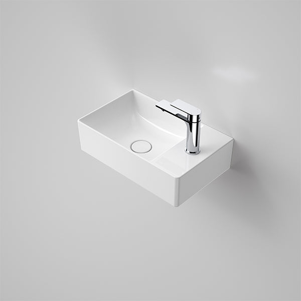 Caroma Urbane II gloss white rectangular wall hung hand basin with single taphole and chrome mixer tap