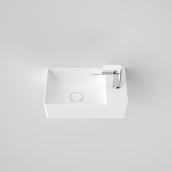 Caroma Urbane II gloss white wall hung hand basin, rectangular ceramic with single taphole and chrome mixer tap