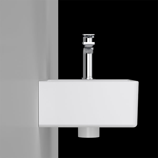 Caroma Urbane II wall hung hand basin, gloss white rectangular ceramic with chrome waste, side view