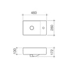 Caroma Urbane II wall hung hand basin technical drawing, rectangular gloss white ceramic, 460 x 280 mm, single taphole